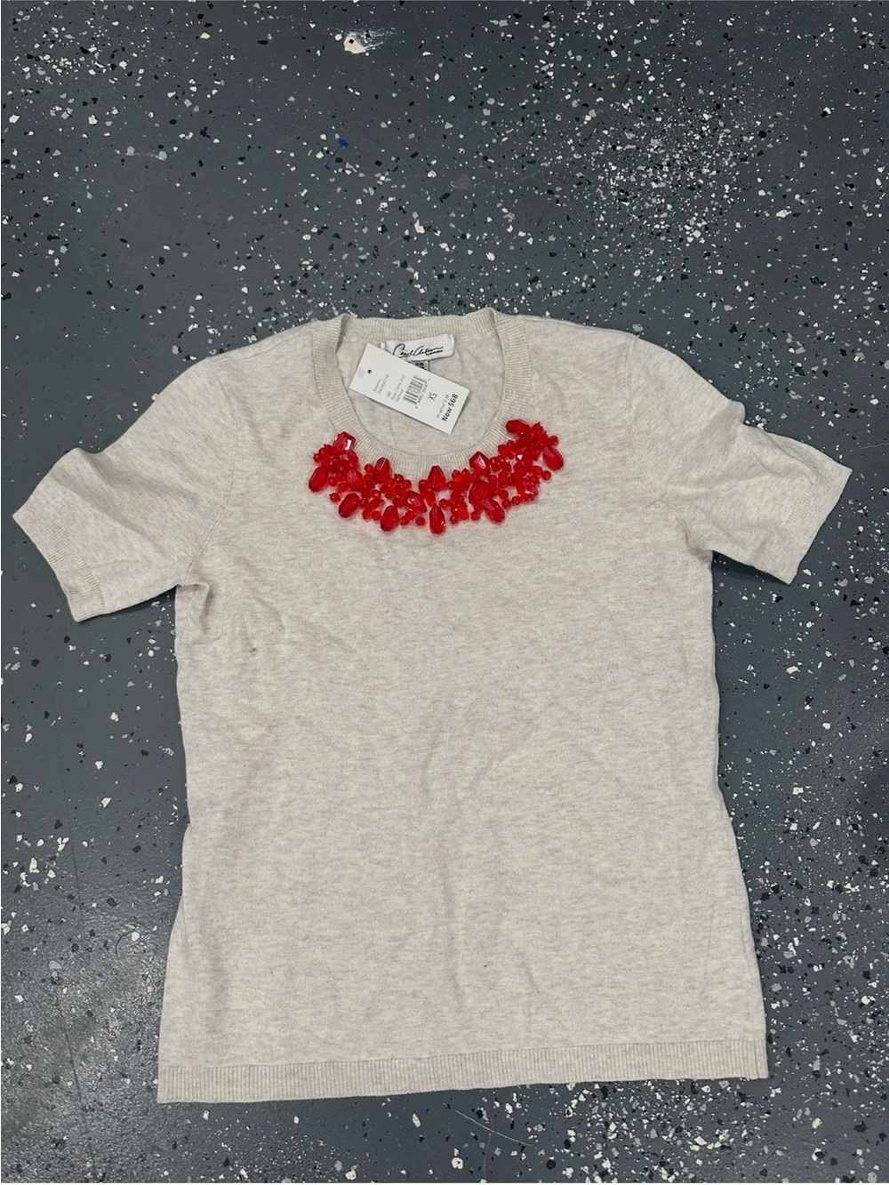 CAbi Short-Sleeve Cream Sweater with Red Bead Neckline